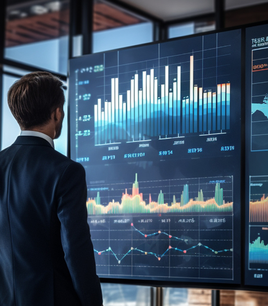 Man looking at data displays